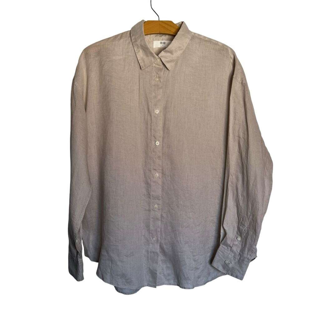 Uniqlo 100% Linen Button Up Long Sleeve Blouse Beige Tan Women's Size Large